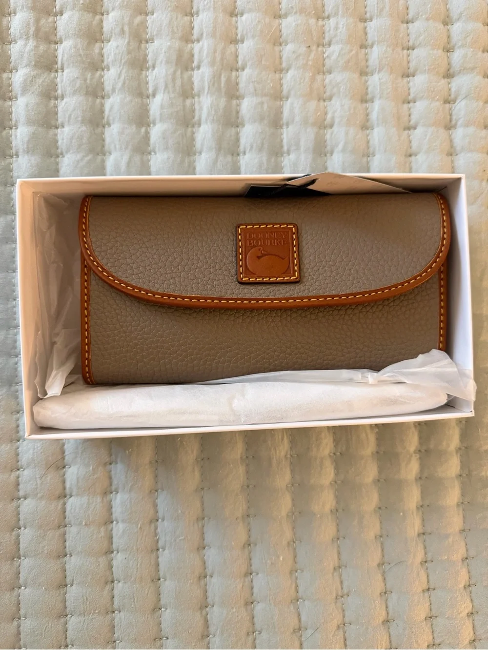 Dooney & Bourke Taupe Pebbled Leather Wallet with Brown Trim